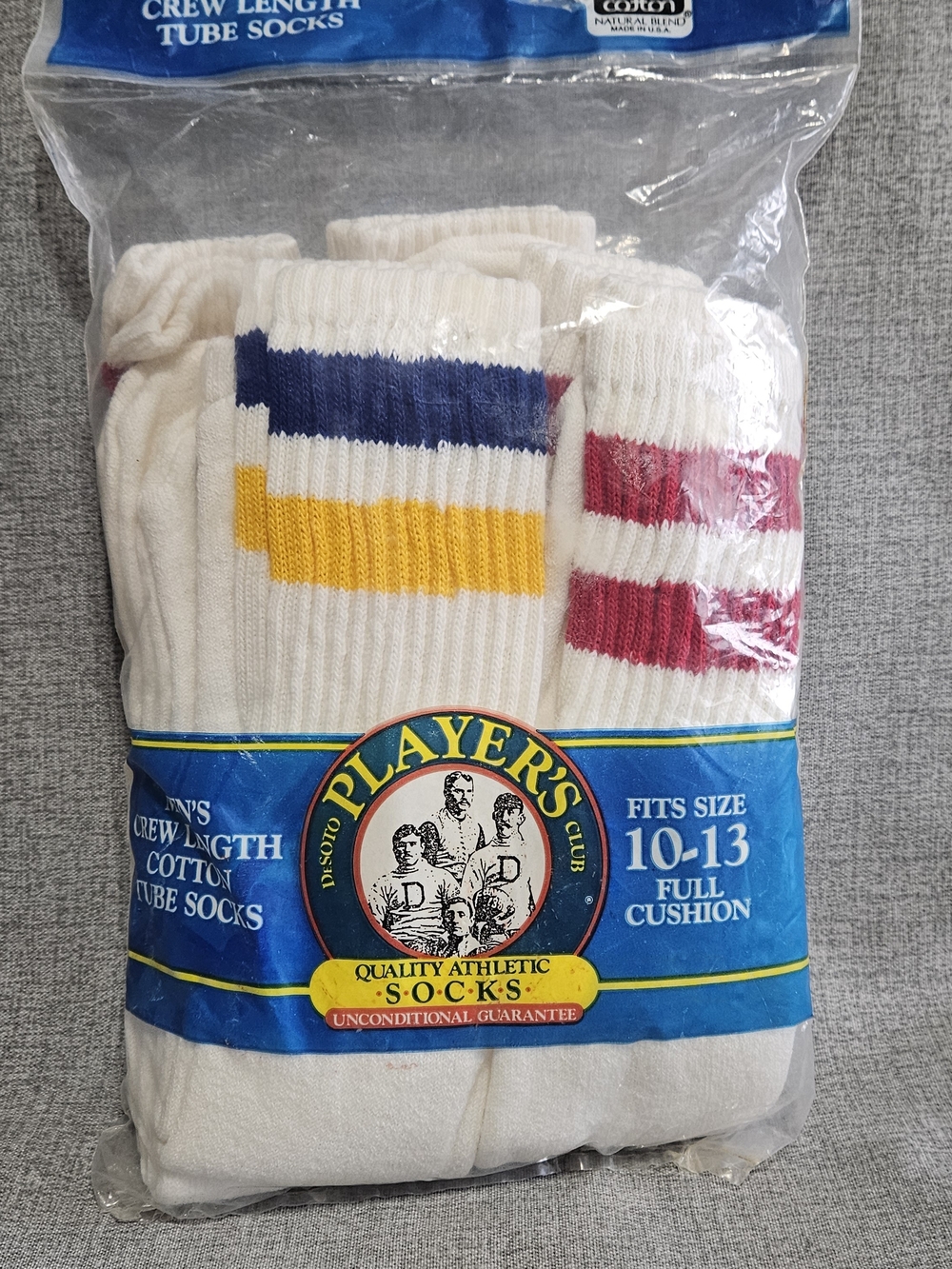Vtge DeSoto Player's Club Men's White Crew Socks with Colored Stripes 10-13